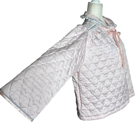 Vintage 80s Appel Quilted Bed Jacket Large Light Pink Lace Polyester Buttons - Picture 4 of 9